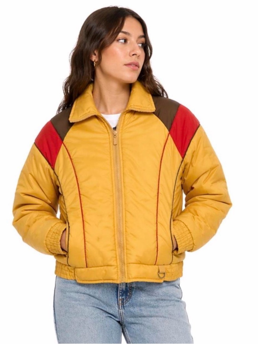 Mustard Yellow Colorblock Puffer Jacket with Red Accents